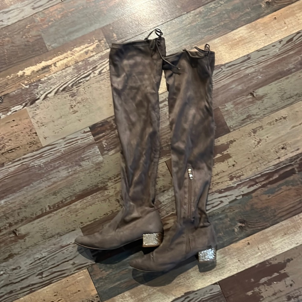 Catherine over the knee light brown boots, gold sparkle heel.